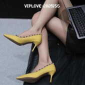 时尚 2025b春季 法 女尖头细跟包头柳丁单鞋 凉鞋 新款 真皮铆钉高跟鞋