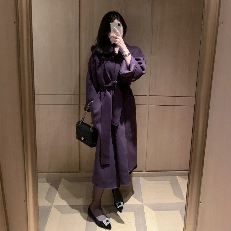 100羊毛双面呢手工浴袍系带中长款大衣女装秋冬新款韩版紫色外套