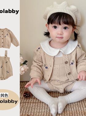 韩版婴儿衣服秋冬装女宝宝纯棉毛衣连体衣外套套装洋气春秋外出服