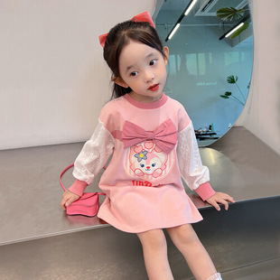 新款2023春秋装女童粉色卫衣卡通洋装中长版裙子女孩长袖上衣裙