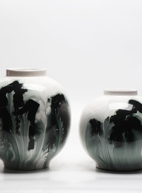 现代新中式创意手绘水墨陶瓷花器摆件家居玄关酒柜样板房间装饰品