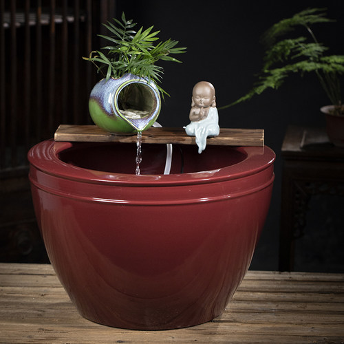 大型陶瓷流水喷泉鱼缸陶罐水循环造景古法鱼缸客厅阳台落地大水缸