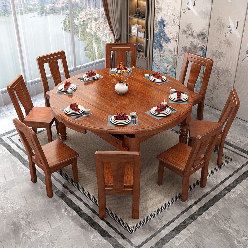 胡桃木全实木餐桌椅组合新中式家用小户型可伸缩折叠方圆两用饭桌
