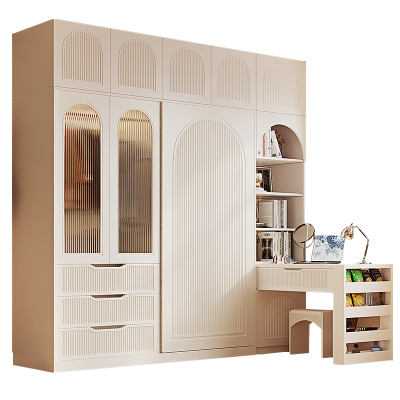 奶油风衣柜转角书桌一体法式小户型家用卧室储物柜成品收纳大衣橱