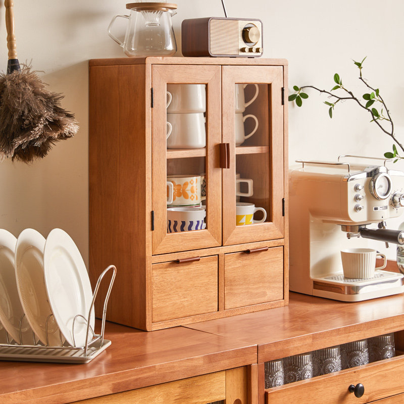 实木桌面收纳柜家用厨房置物架餐边柜台面杯碗架茶具盒储物小柜子