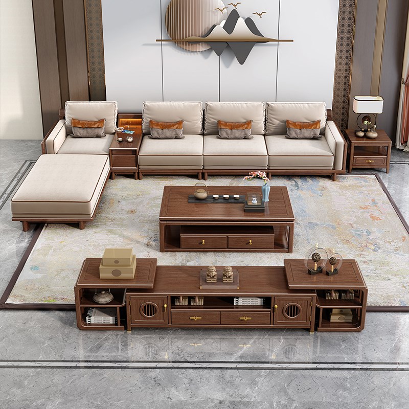 新中式实木沙发转角组合胡桃木大户型布艺贵妃沙发科技布简约客厅