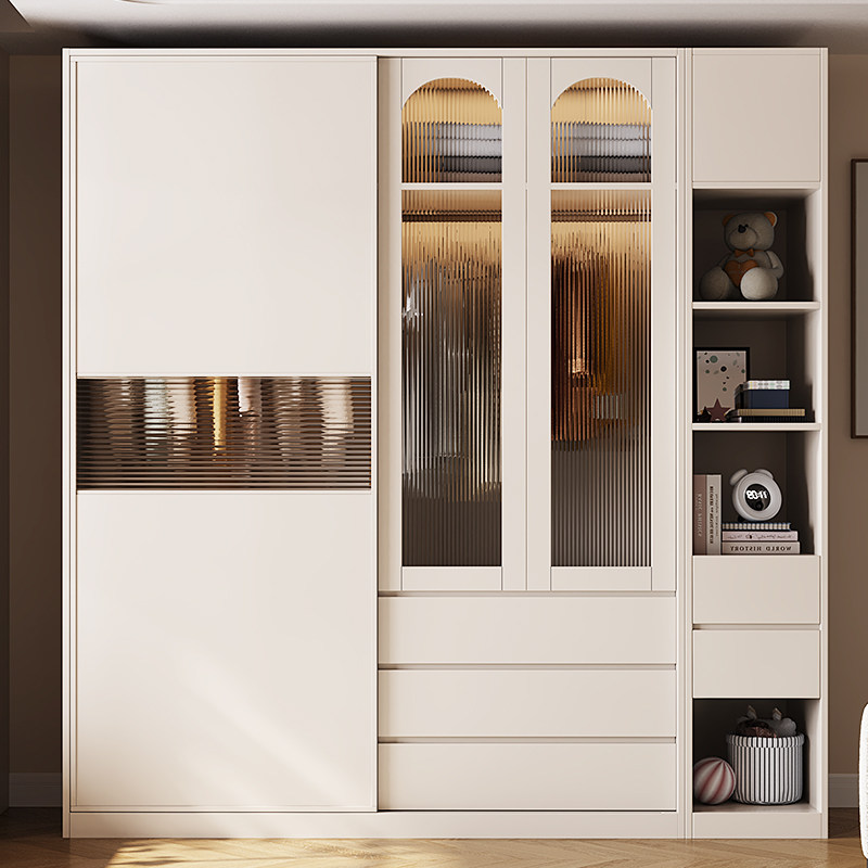 拉门衣柜奶油风一门到顶家用小户型卧室储物柜子成品高档大衣橱