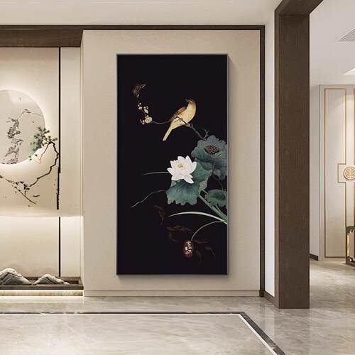 中古风花鸟图装饰画玄关画2024年新款黑白高端壁画走廊过道挂画