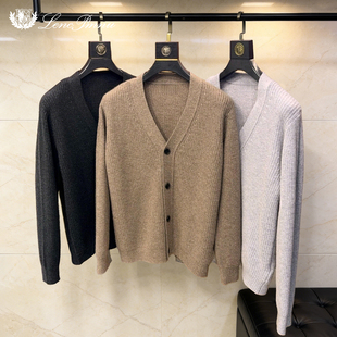 LP老钱风羊绒冬季新款V领针织衫开衫外套上衣商务休闲舒适毛衣男