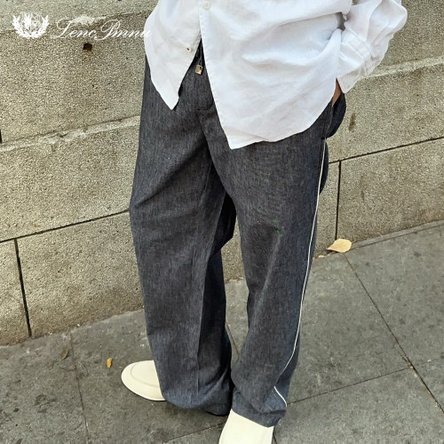 LP老钱风棉麻拼接简约休闲长裤男