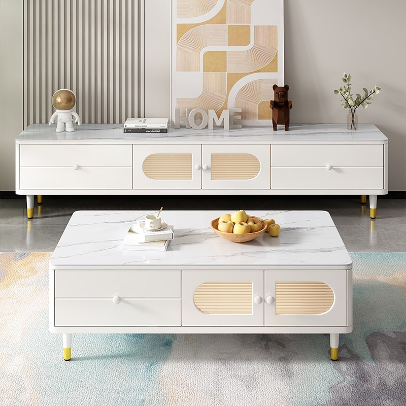 奶油风岩板茶几电视机柜组合家用小户型现代简约客厅白色储物地柜