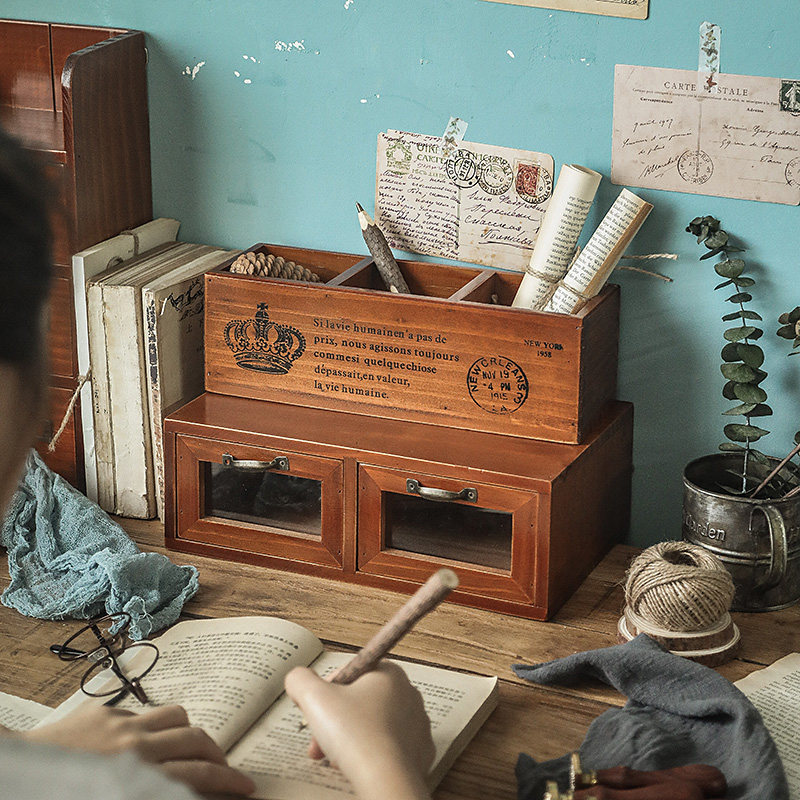 遥控器收纳盒桌面学生办公桌置物架书桌文具储物盒多格木质zakka