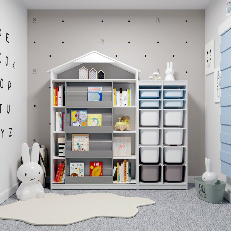 可比熊实木儿童书架绘本架推拉门书柜落地置物架家庭小孩玩具收纳