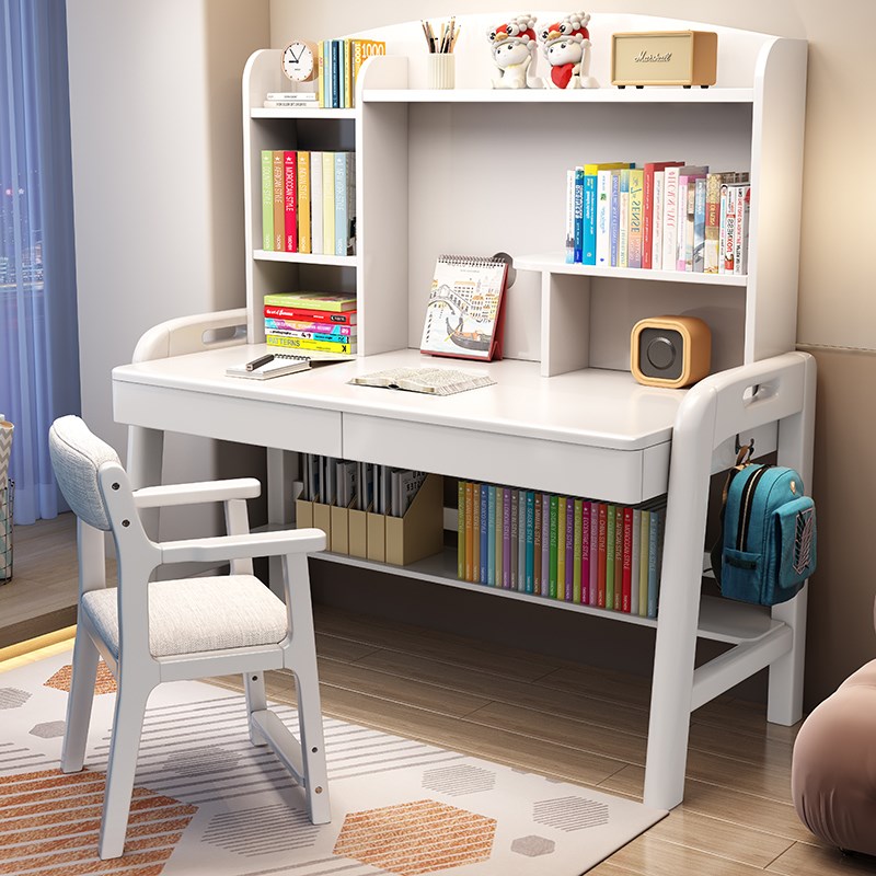 小学生书桌实木家用学习桌儿童写字桌北欧简易电脑桌书架组合一体