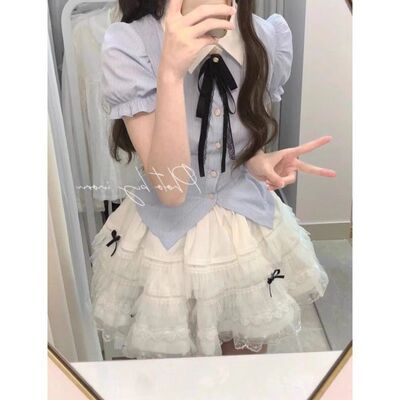 Breezy尘风纯欲芭蕾公主风套装女夏季甜美蕾丝拼接POLO领衬衫蓬蓬