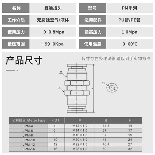 铜气动气管隔板直通接头快速快插PM4 6 8 10 12mm面板固定式插管