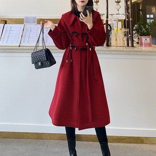 新中式2024新款秋冬季红色呢子大衣毛呢外套女中长大码中国风结婚
