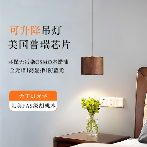 现代轻奢胡桃木卧室床头灯书房吧台可升降极简创意护眼单头小吊灯