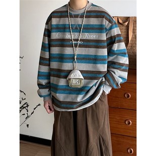 B东日系男装春秋美式复古宽松休闲百搭中性情侣款长袖T恤薄卫衣男