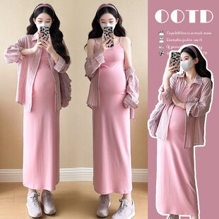 套装 条纹衬衫 2025春秋款 韩版 纯色吊带裙两件套 宽松外穿时尚 孕妇装