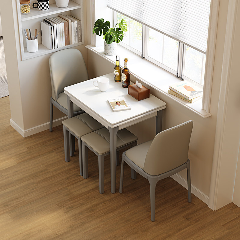 餐桌家用小户型可折叠伸缩岩板轻奢现代简约实木饭桌子长方形两用