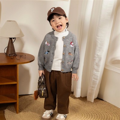 小O爸男婴童 男宝宝针织毛衣秋冬季2024新款红色婴儿保暖开衫外套