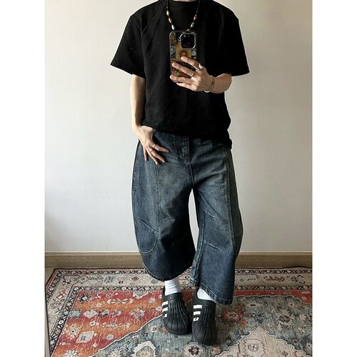 美式复古弯刀解构七分牛仔裤男女夏季宽松水洗做旧廓形阔腿镰刀裤