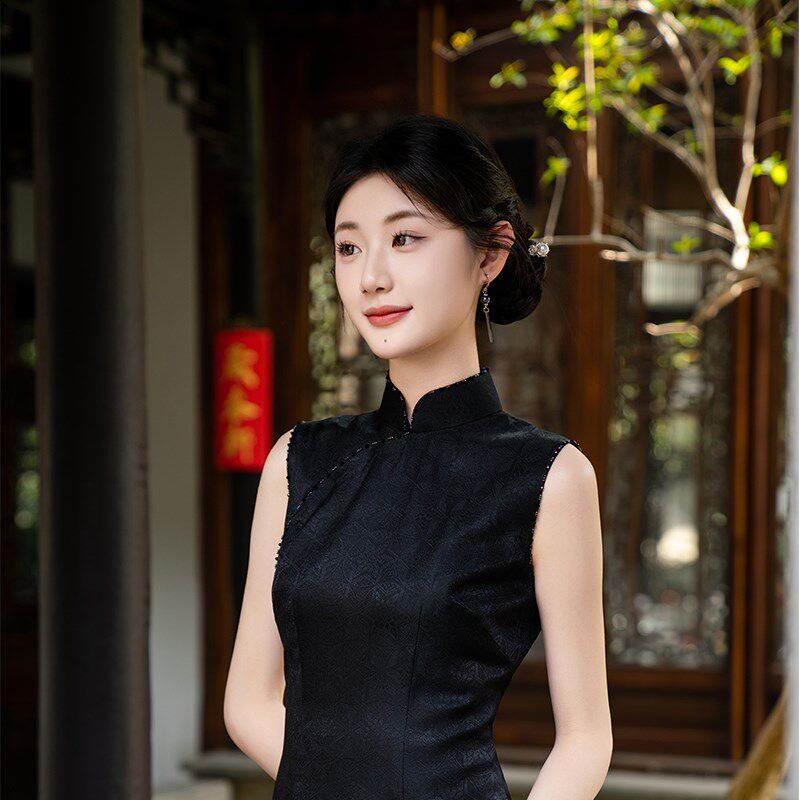 时光裁剪半绯新中式真丝旗袍女黑色复古改良2025日常可穿修身