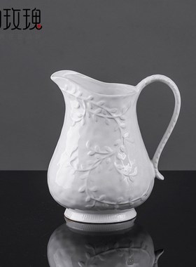 中式陶瓷花瓶 白色浮雕陶瓷水壶摆件 客厅装饰品餐桌摆件工艺品