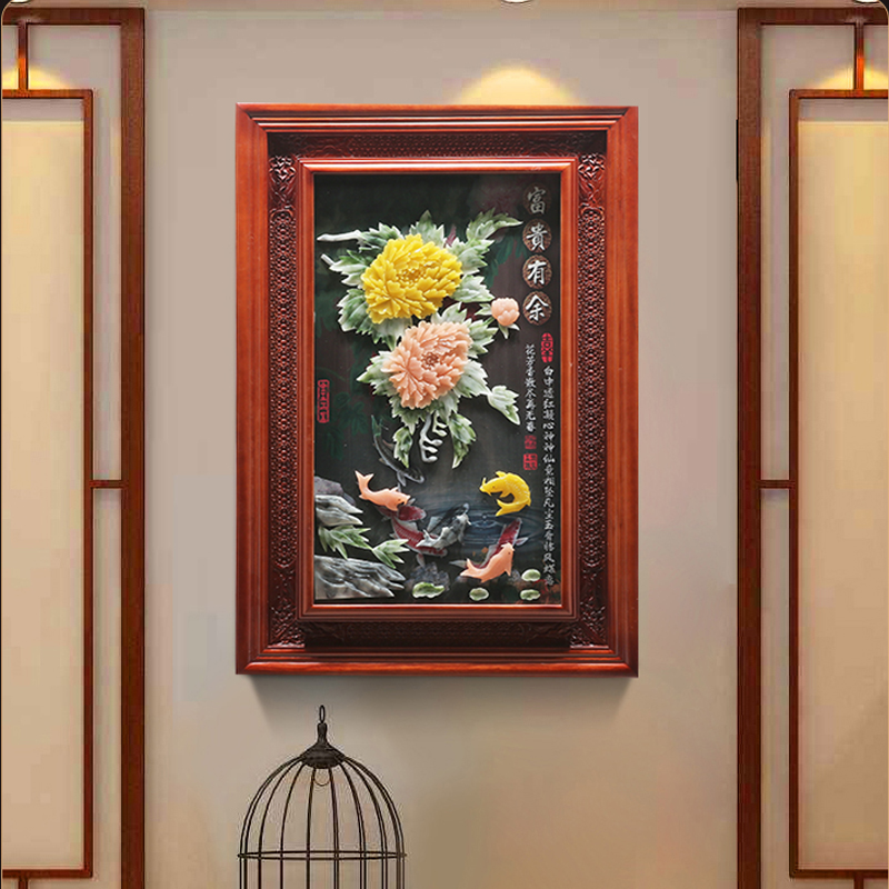 玄关装饰画3d立体浮雕画中式餐厅D挂画入户走廊实木壁画客厅玉雕图片