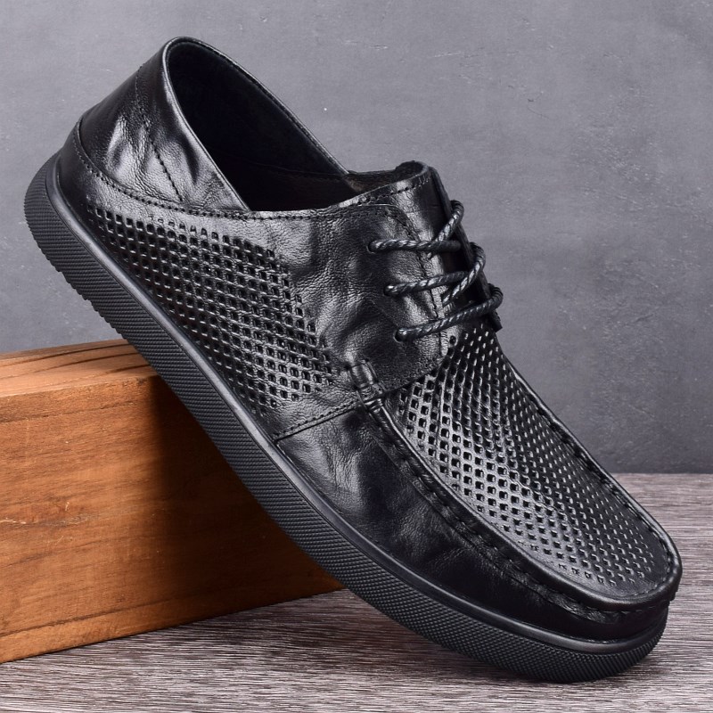 外贸男鞋头层牛皮夏季镂空皮鞋男透气真皮软底英伦休闲打孔洞洞鞋