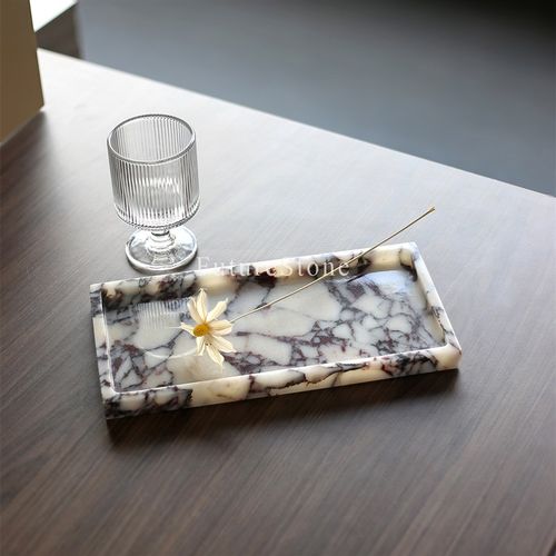 欧式轻奢天然卡紫大理石长方形小托盘香薰蜡烛置物盘酒店装饰摆件