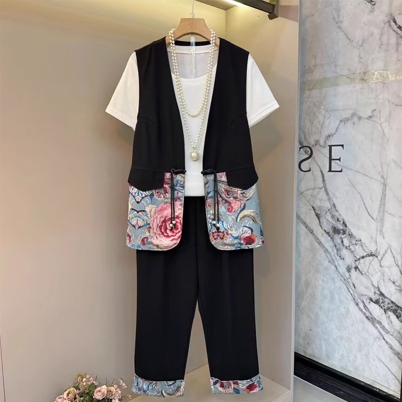 大码女装2025夏季时尚套装国风复古新中式马甲T恤裤子显瘦三件套