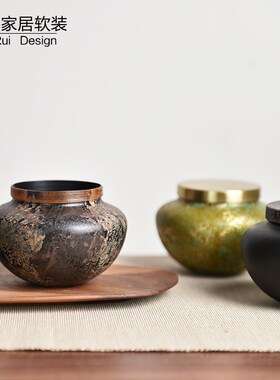 新中式复古金属茶叶o罐样板房酒店茶室餐厅储物罐铝制密封收纳摆