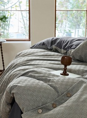 A类全棉双层纱提花纽扣式被套四件套纯棉简约复古风床笠床上用品