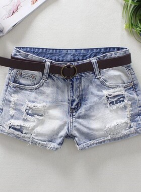 奢缘新款浅蓝色磨白中腰牛仔短裤女夏季宽松韩版破洞补丁热裤潮
