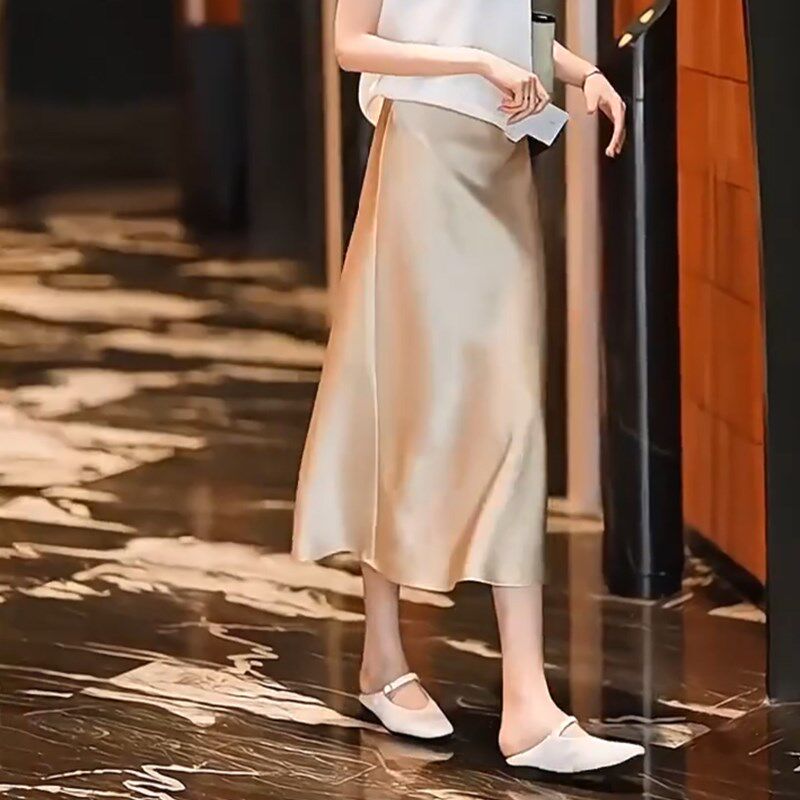 女人味气质裙单侧开叉半身裙垂感珍珠缎面半裙百搭长裙优雅a字裙