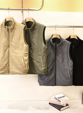 双面穿!户外防水保暖摇粒绒背心男士时尚立领纯色钓鱼马甲22327