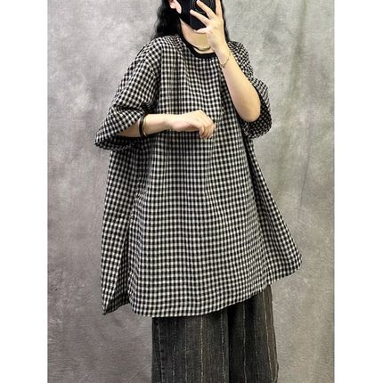 文艺范棉麻格子五分袖T恤女夏季大尺码宽松显瘦中长版下摆开