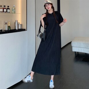 胖mm赫本风长款 夏装 女装 大码 宽松黑色过膝褶皱显瘦连衣裙 2025新款
