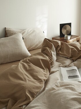 简约A类色织水洗棉四件套1u00纯棉床单床笠全棉被套三件套床上用