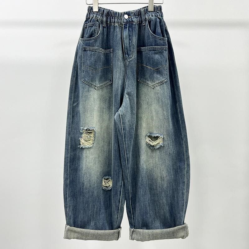 特大码300斤松紧腰破洞牛仔裤男女装夏季复古宽松阔腿老爹哈伦裤2,男装,牛仔裤,淘宝优惠券,粉丝福利购,淘宝优惠卷