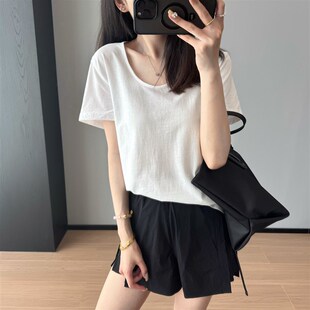 T恤女25夏 大U领后中缝强捻棉纯色佰搭显瘦短袖 Row风 汤匙领经典