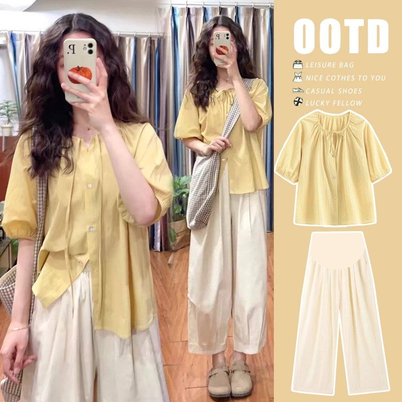 孕妇娃娃衫泡泡袖简约宽松两件套夏装韩版显瘦衬衫九分托腹休闲裤,孕妇装/孕产妇用品/营养,套装,淘宝优惠券,粉丝福利购,淘宝优惠卷