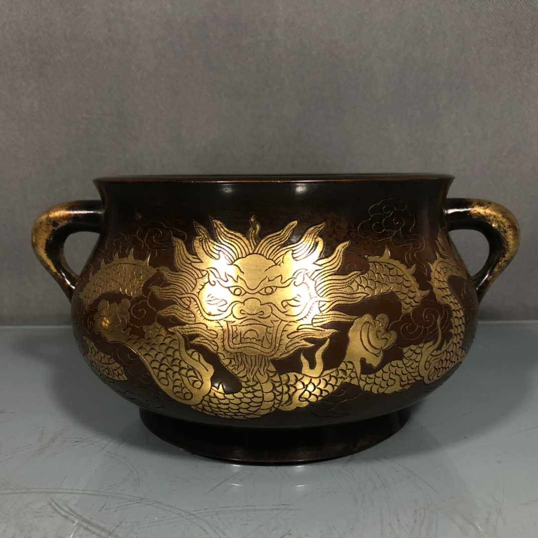 老件紫铜雕花鎏金高10*22*15公分2.8公斤龙头图双扣香炉摆件