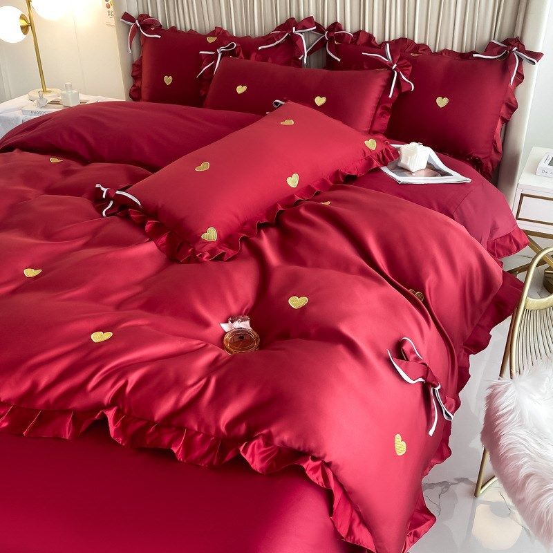 简约婚庆四件套纯棉60支长绒棉爱心刺绣红色结婚花边被套床单床品,床上用品,婚庆床品套件,淘宝优惠券,粉丝福利购,淘宝优惠卷