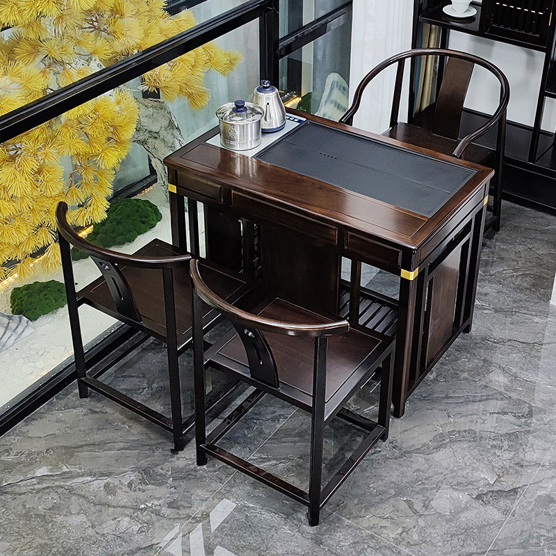 1米新中式家用茶台实木茶桌乌金石茶几书桌两用花梨木沙比利家具