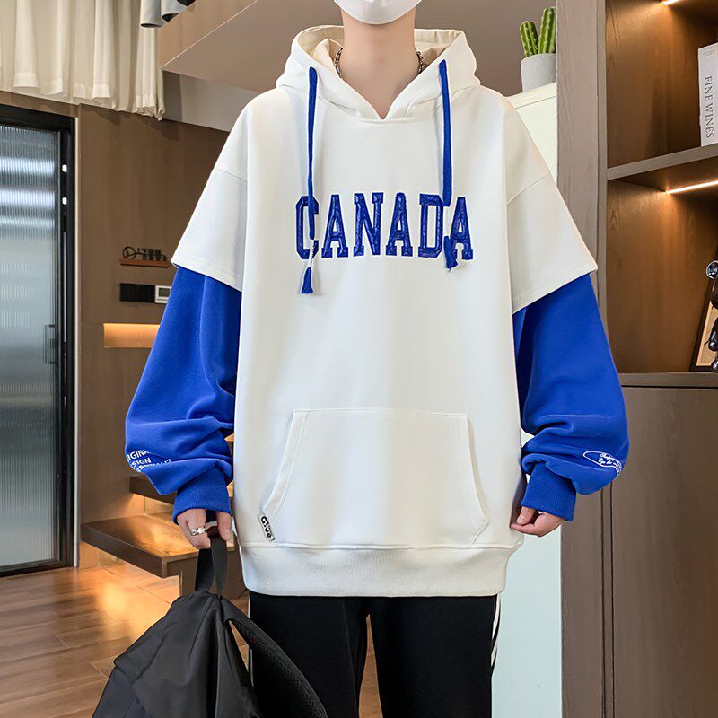 青少年春秋季卫衣男孩初中学生连帽假两件胖大童纯棉运动休闲上衣