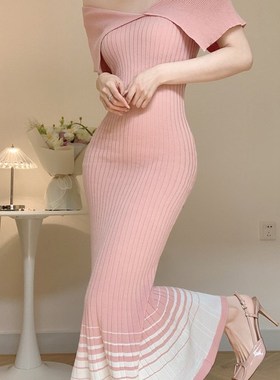 23春夏大裙摆修身显瘦一字领漏肩气质长款冰丝针织连衣裙女鱼尾裙