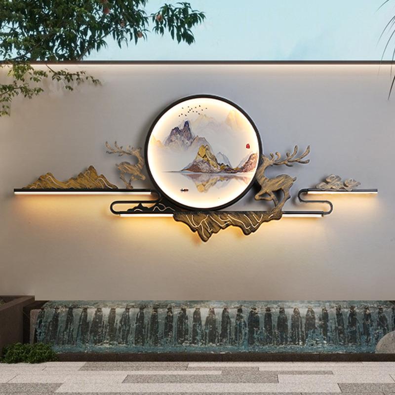 新中式庭院灯具影壁墙装饰太阳能圆环壁画祥云福禄景观灯玄关创意